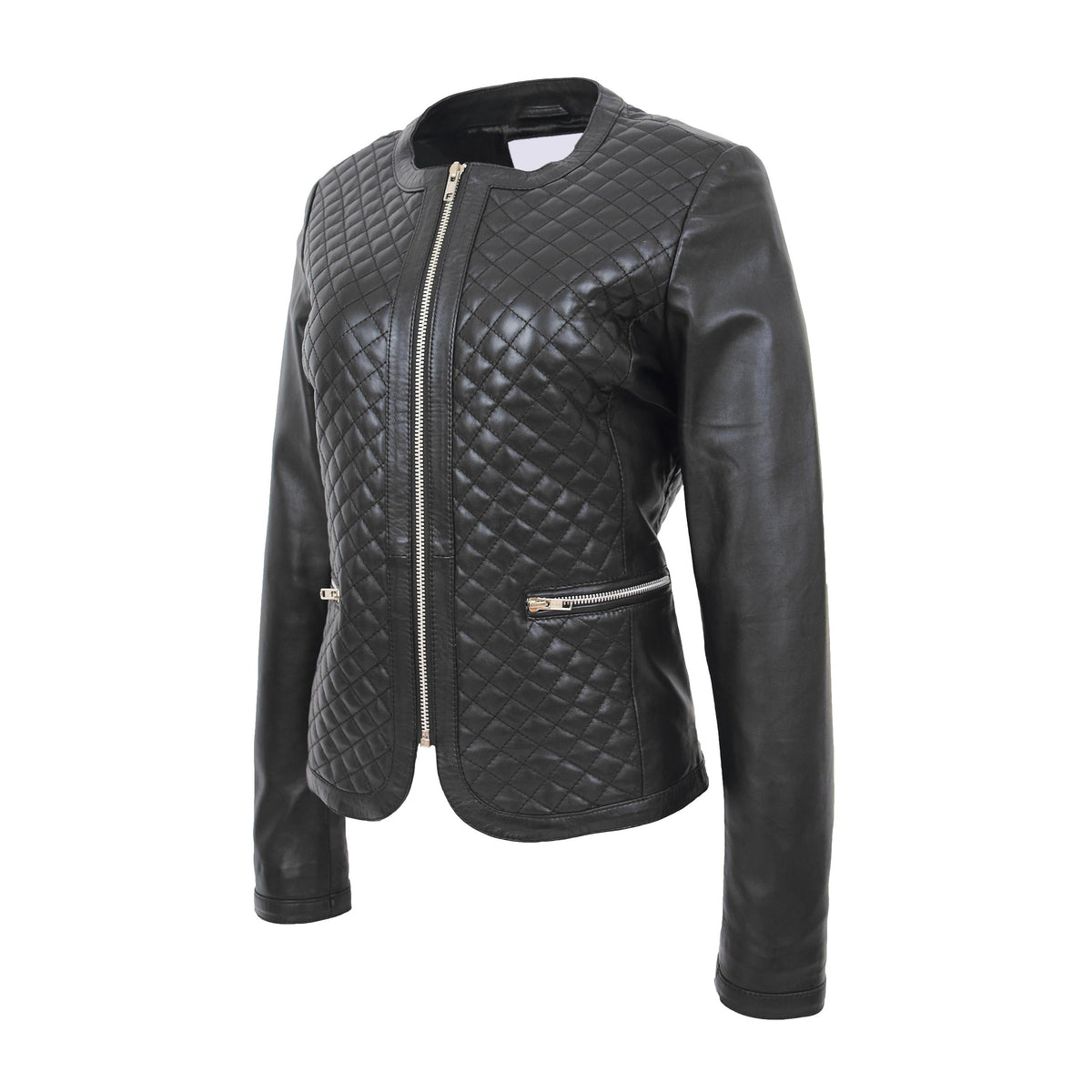 Womens Leather Collarless Jacket with Quilt Design Joan Black - genuine leather jacket in black with two outer pockets