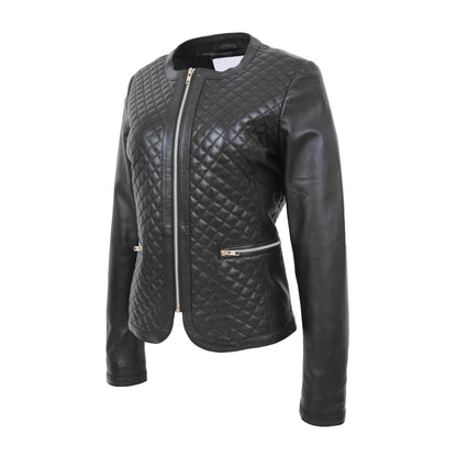 Womens Leather Collarless Jacket with Quilt Design Joan Black - genuine leather jacket in black with two outer pockets
