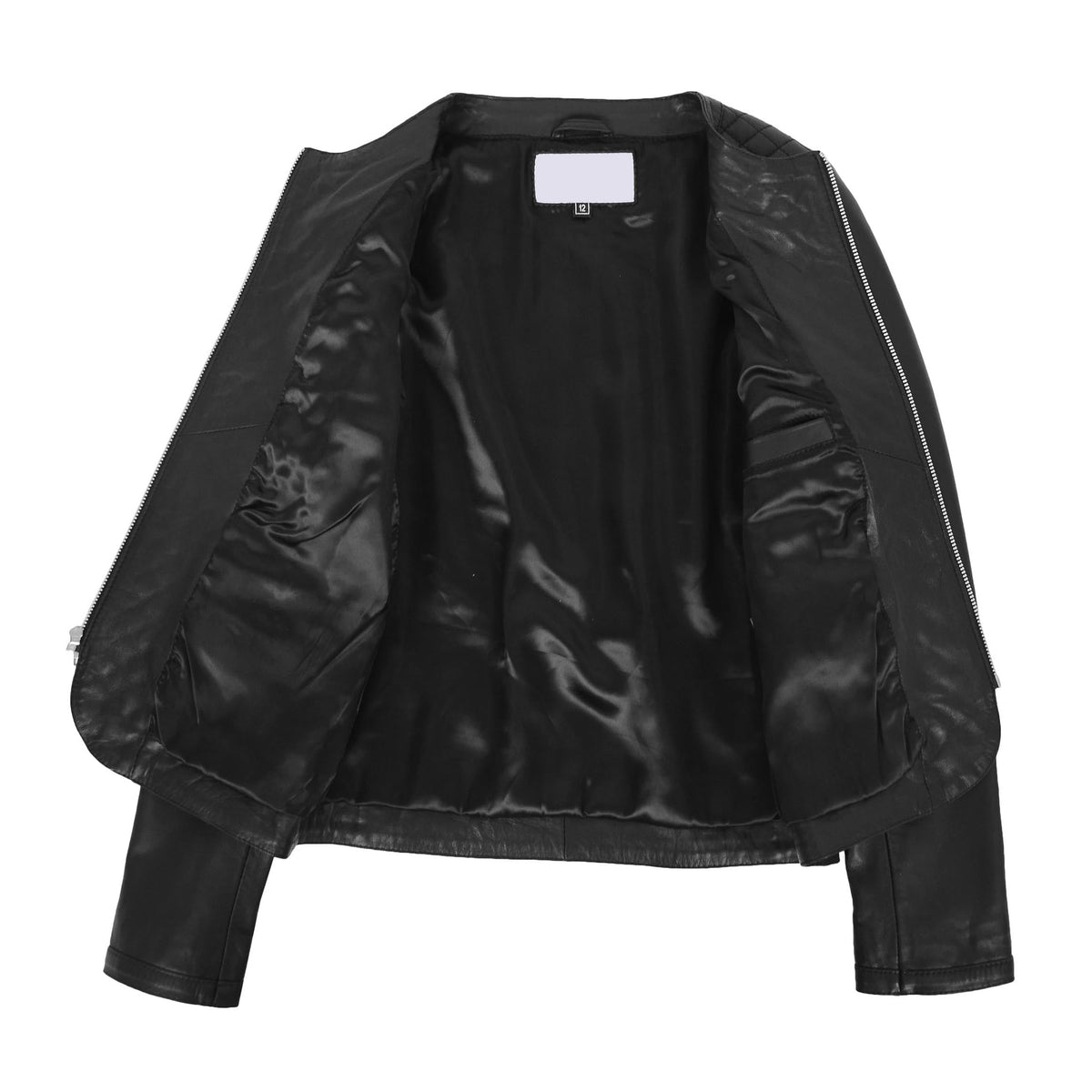 Womens Leather Collarless Jacket with Quilt Design Joan Black - genuine leather jacket in black with two outer pockets