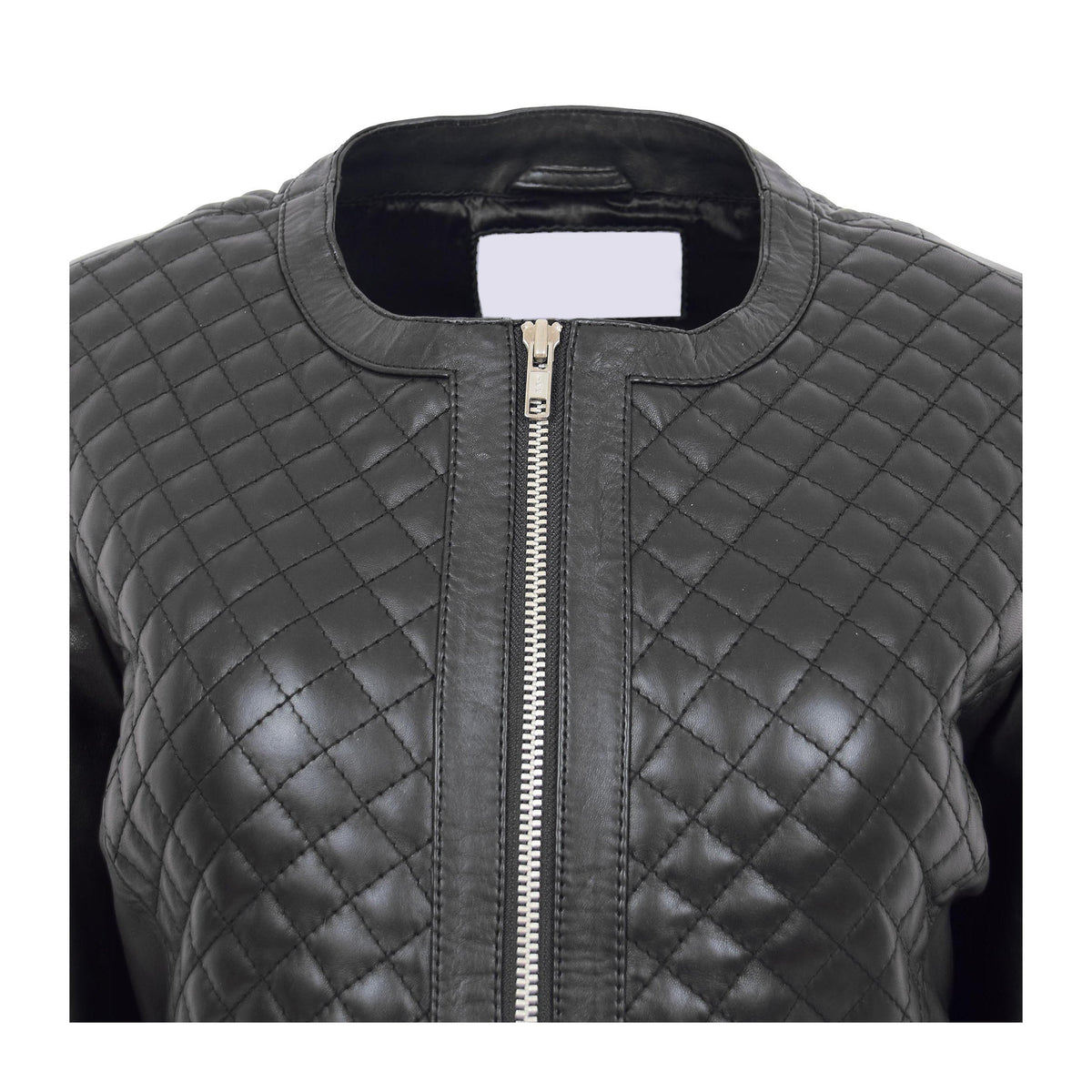 Womens Leather Collarless Jacket with Quilt Design Joan Black - genuine leather jacket in black with two outer pockets