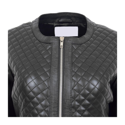 Womens Leather Collarless Jacket with Quilt Design Joan Black - genuine leather jacket in black with two outer pockets