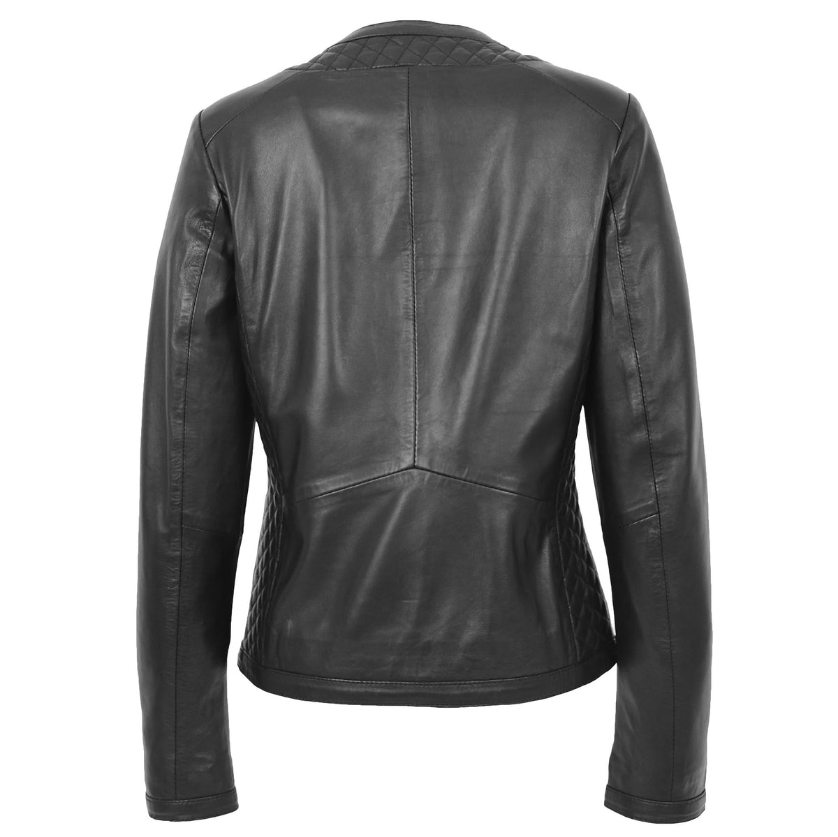 Womens Leather Collarless Jacket with Quilt Design Joan Black - genuine leather jacket in black with two outer pockets