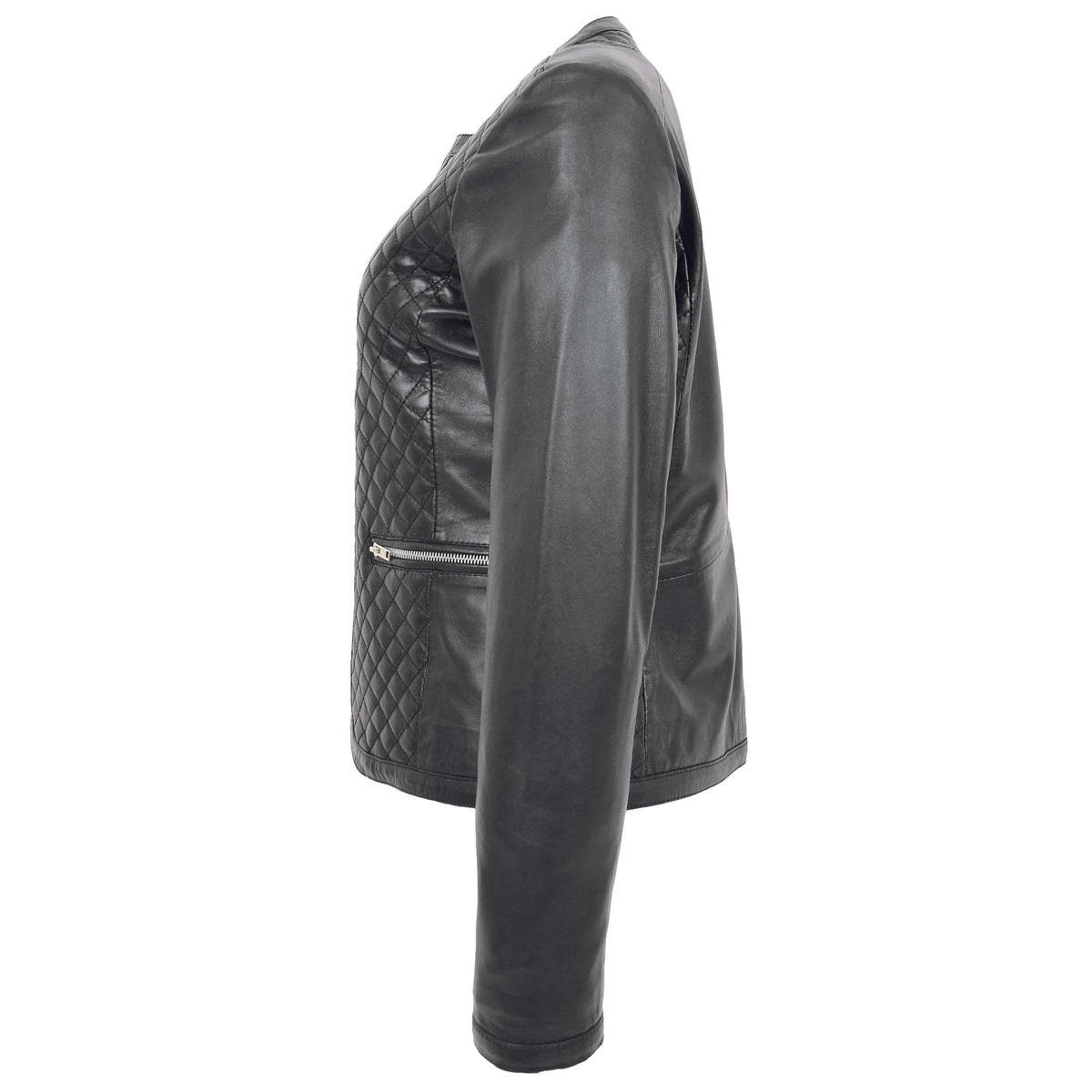 Womens Leather Collarless Jacket with Quilt Design Joan Black - genuine leather jacket in black with two outer pockets