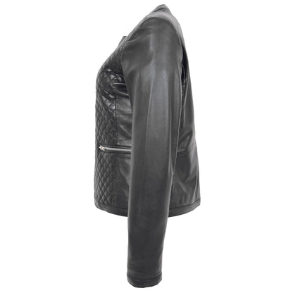 Womens Leather Collarless Jacket with Quilt Design Joan Black - genuine leather jacket in black with two outer pockets