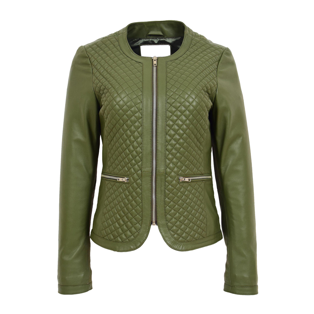 Womens Leather Collarless Jacket with Quilt Design Joan Olive Green - genuine leather jacket in green with two outer pockets