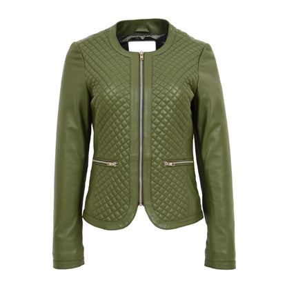 Womens Leather Collarless Jacket with Quilt Design Joan Olive Green - genuine leather jacket in green with two outer pockets