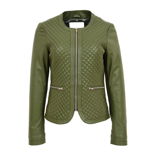 Womens Leather Collarless Jacket with Quilt Design Joan Olive Green - genuine leather jacket in green with two outer pockets