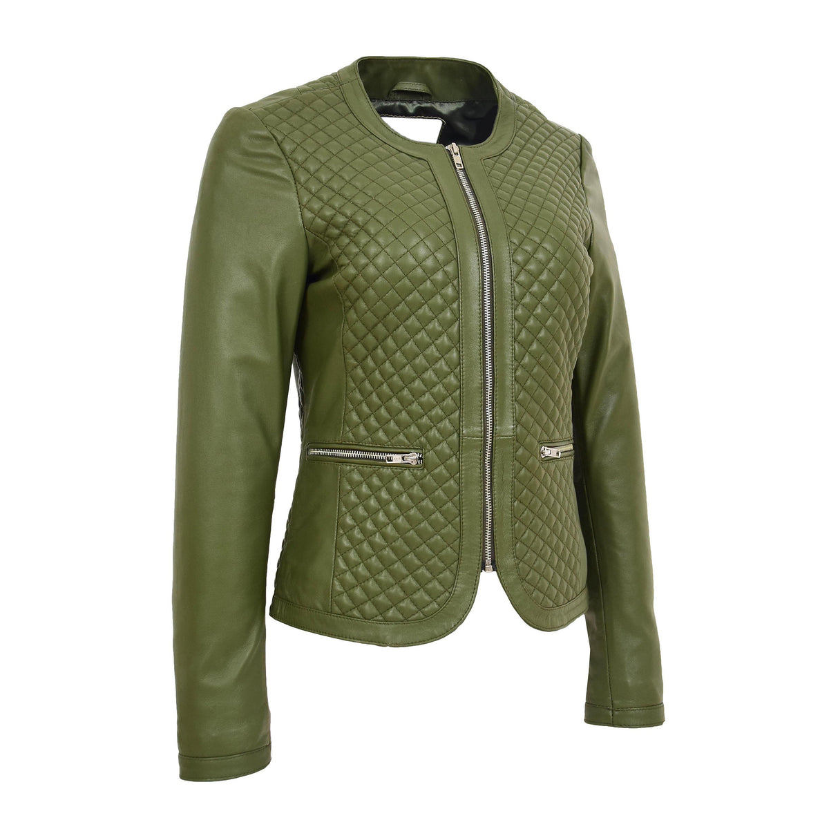 Womens Leather Collarless Jacket with Quilt Design Joan Olive Green - genuine leather jacket in green with two outer pockets
