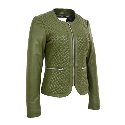 Womens Leather Collarless Jacket with Quilt Design Joan Olive Green - genuine leather jacket in green with two outer pockets