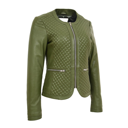 Womens Leather Collarless Jacket with Quilt Design Joan Olive Green - genuine leather jacket in green with two outer pockets