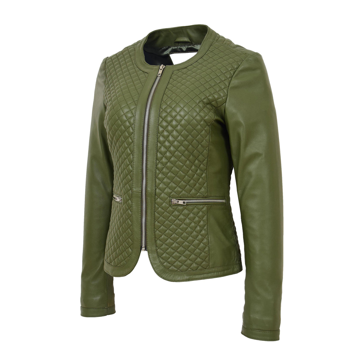 Womens Leather Collarless Jacket with Quilt Design Joan Olive Green - genuine leather jacket in green with two outer pockets
