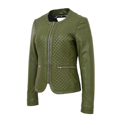 Womens Leather Collarless Jacket with Quilt Design Joan Olive Green - genuine leather jacket in green with two outer pockets