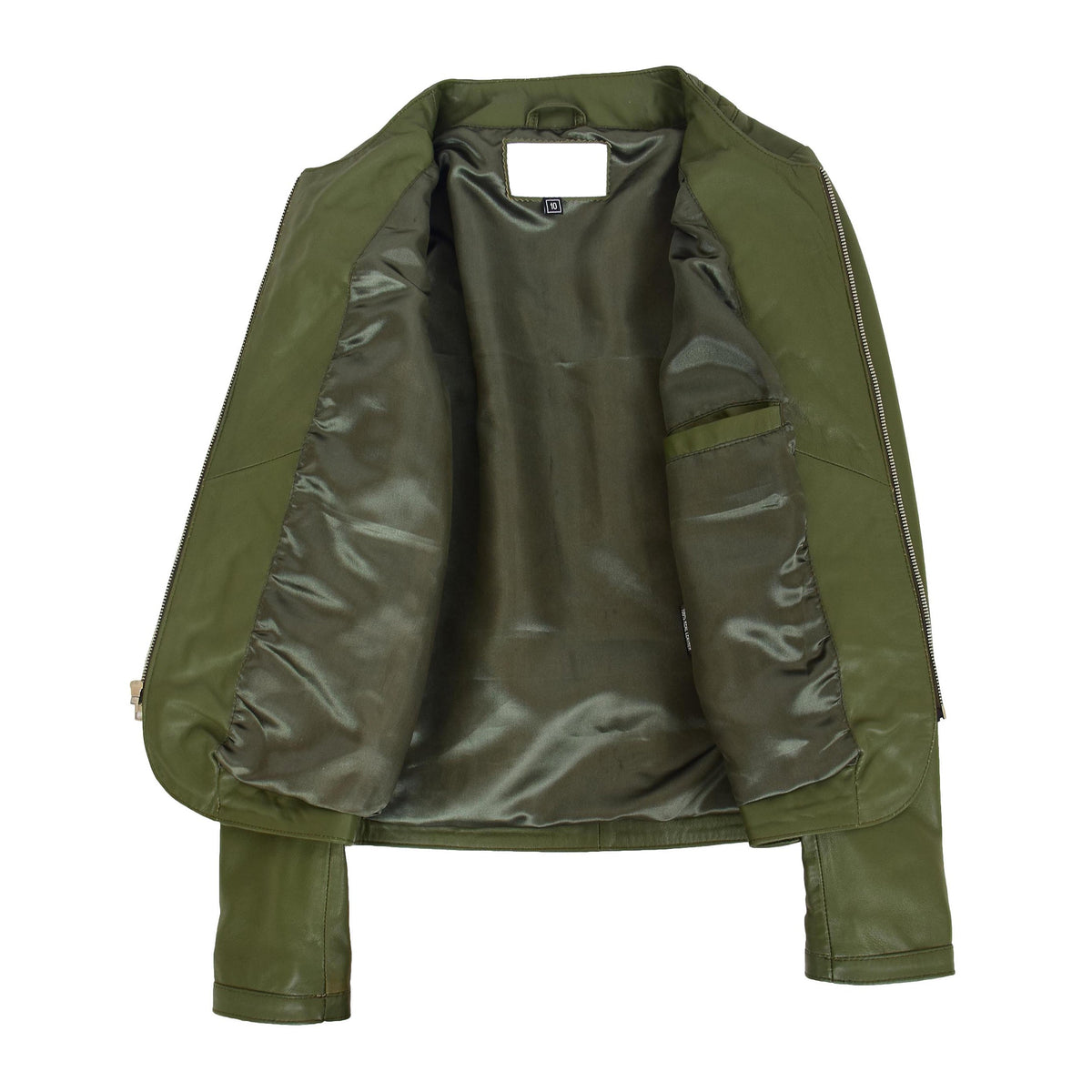 Womens Leather Collarless Jacket with Quilt Design Joan Olive Green - genuine leather jacket in green with two outer pockets