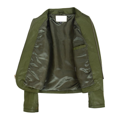 Womens Leather Collarless Jacket with Quilt Design Joan Olive Green - genuine leather jacket in green with two outer pockets