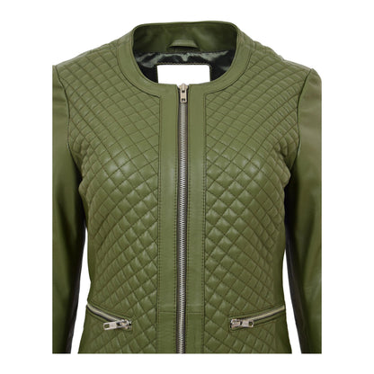 Womens Leather Collarless Jacket with Quilt Design Joan Olive Green - genuine leather jacket in green with two outer pockets
