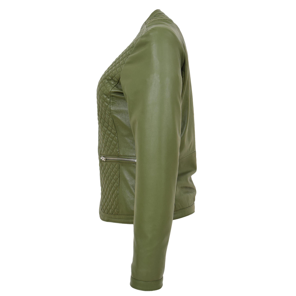 Womens Leather Collarless Jacket with Quilt Design Joan Olive Green - genuine leather jacket in green with two outer pockets