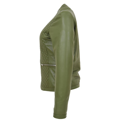 Womens Leather Collarless Jacket with Quilt Design Joan Olive Green - genuine leather jacket in green with two outer pockets