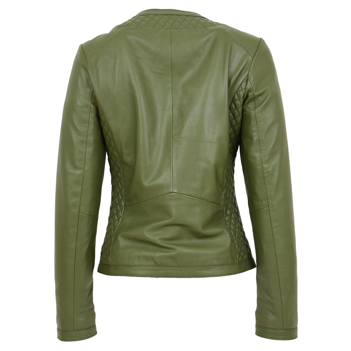 Womens Leather Collarless Jacket with Quilt Design Joan Olive Green - genuine leather jacket in green with two outer pockets