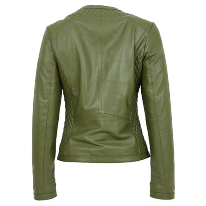Womens Leather Collarless Jacket with Quilt Design Joan Olive Green - genuine leather jacket in green with two outer pockets