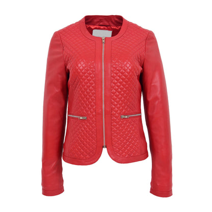 Womens Leather Collarless Jacket with Quilt Design Joan Red - genuine leather jacket in red with two outer pockets