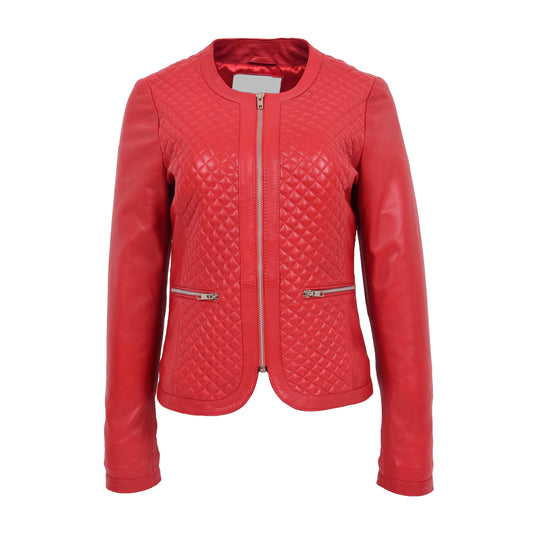 Womens Leather Collarless Jacket with Quilt Design Joan Red - genuine leather jacket in red with two outer pockets