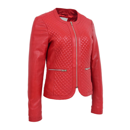 Womens Leather Collarless Jacket with Quilt Design Joan Red - genuine leather jacket in red with two outer pockets
