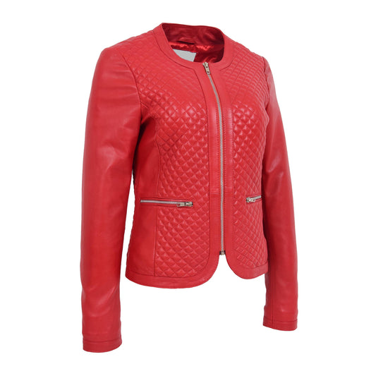 Womens Leather Collarless Jacket with Quilt Design Joan Red - genuine leather jacket in red with two outer pockets