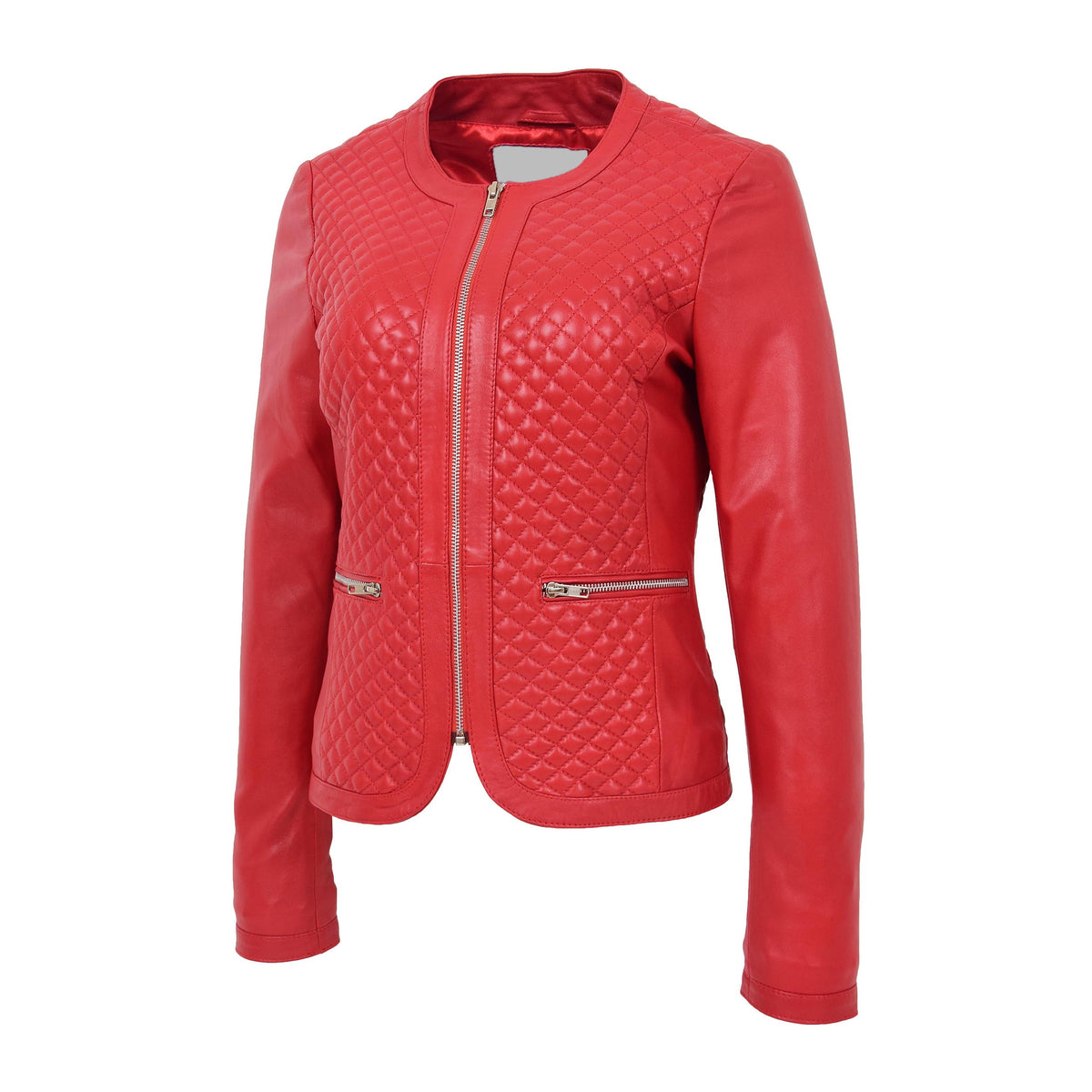 Womens Leather Collarless Jacket with Quilt Design Joan Red - genuine leather jacket in red with two outer pockets