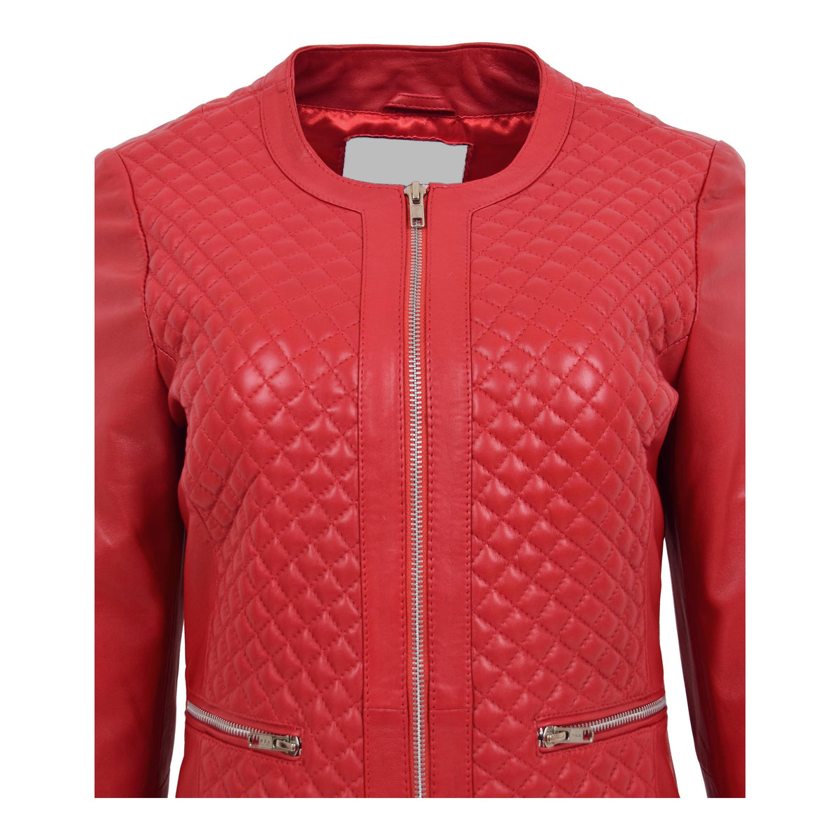Womens Leather Collarless Jacket with Quilt Design Joan Red - genuine leather jacket in red with two outer pockets