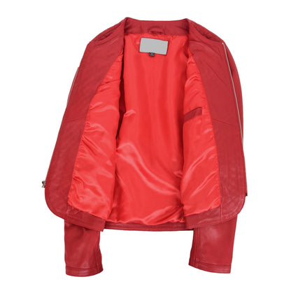 Womens Leather Collarless Jacket with Quilt Design Joan Red - genuine leather jacket in red with two outer pockets