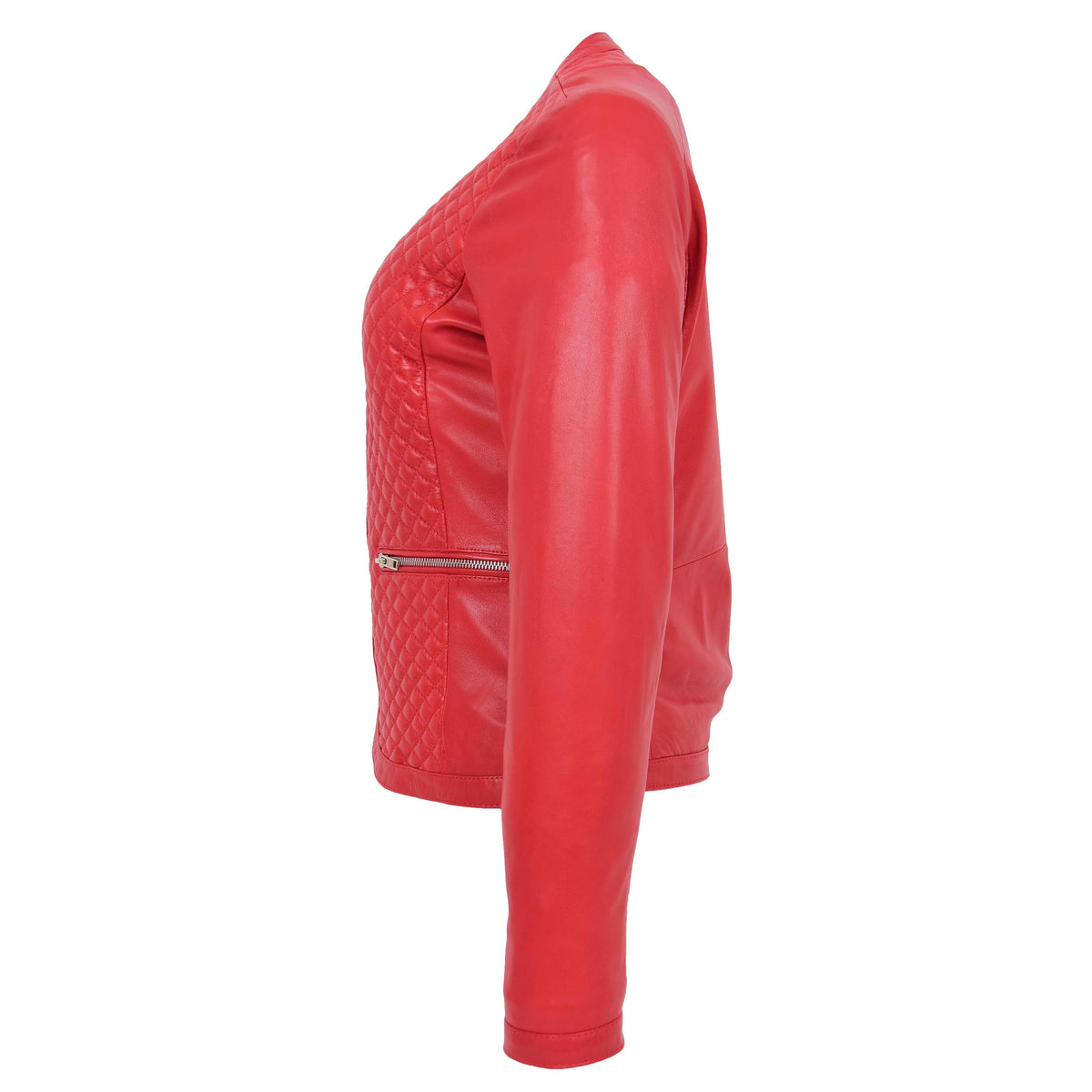 Womens Leather Collarless Jacket with Quilt Design Joan Red - genuine leather jacket in red with two outer pockets