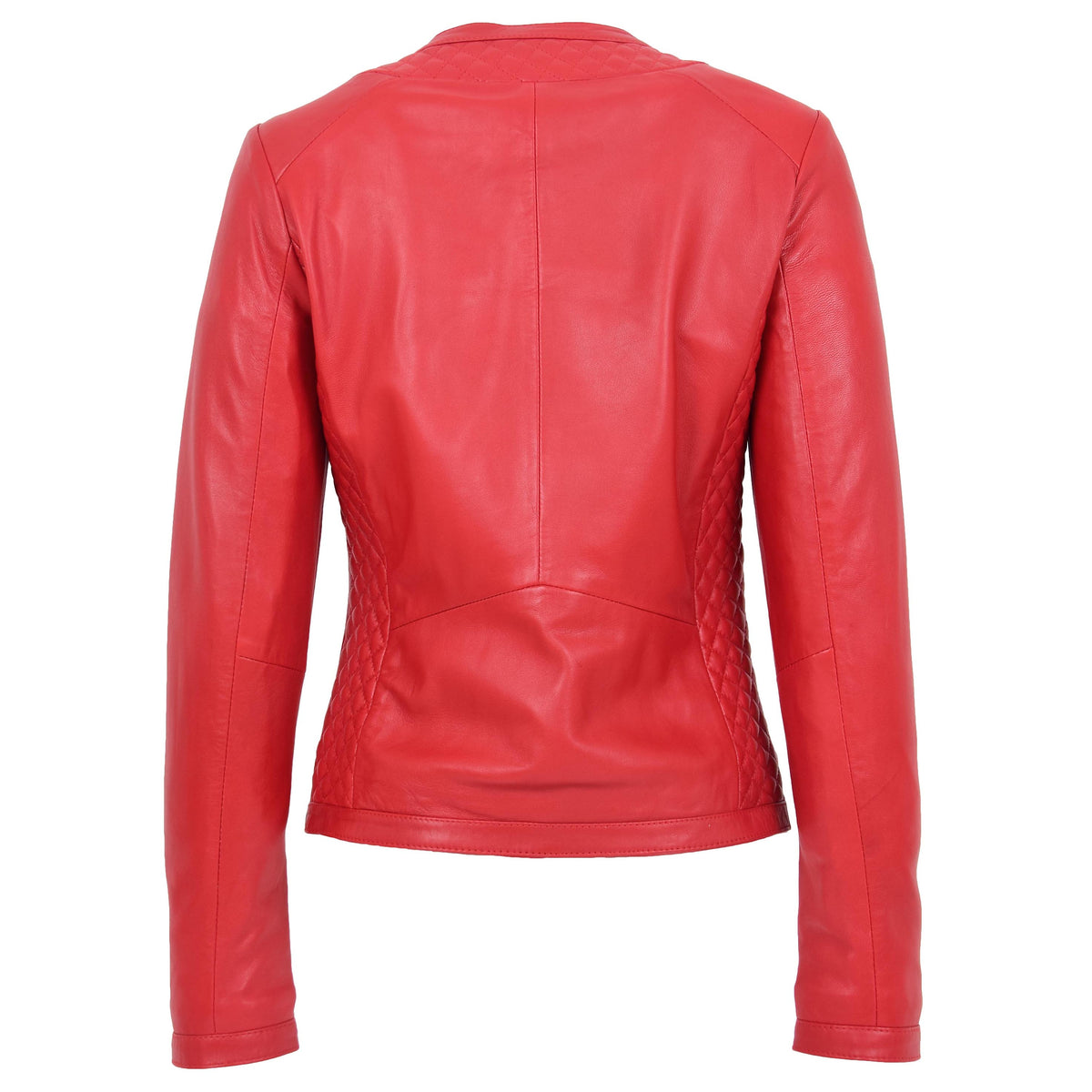 Womens Leather Collarless Jacket with Quilt Design Joan Red - genuine leather jacket in red with two outer pockets