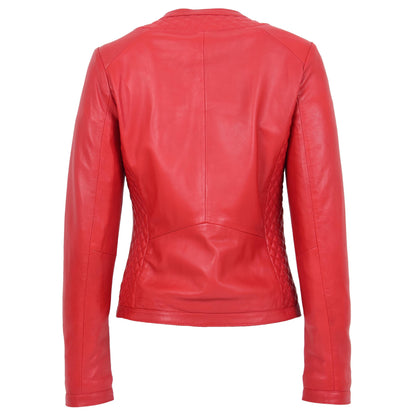 Womens Leather Collarless Jacket with Quilt Design Joan Red - genuine leather jacket in red with two outer pockets