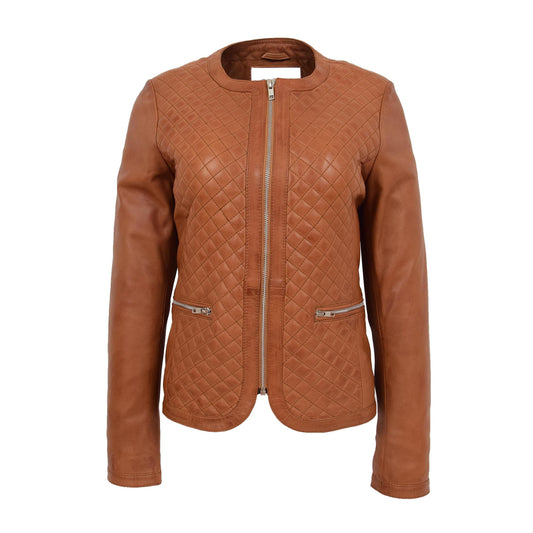 Womens Leather Collarless Jacket with Quilt Design Joan Tan - genuine leather jacket in tan with two outer pockets