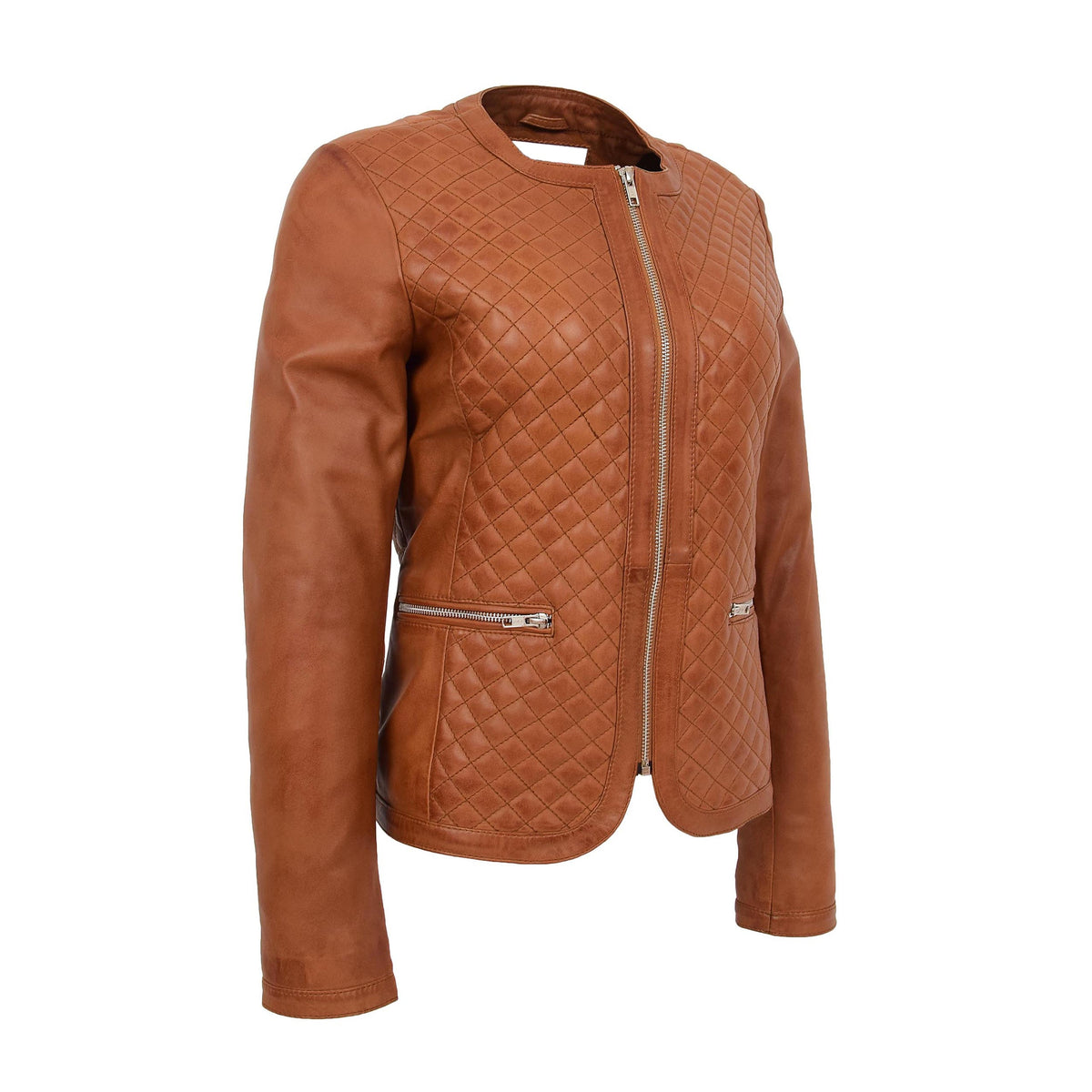 Womens Leather Collarless Jacket with Quilt Design Joan Tan - genuine leather jacket in tan with two outer pockets