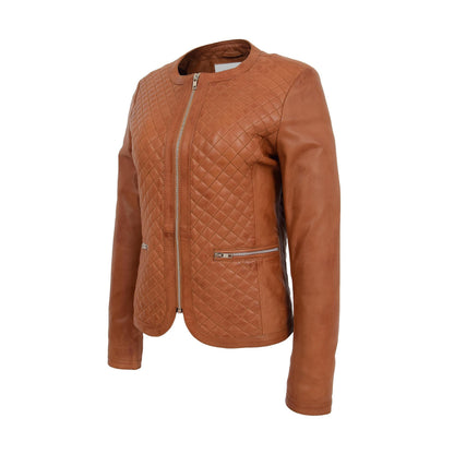 Womens Leather Collarless Jacket with Quilt Design Joan Tan - genuine leather jacket in tan with two outer pockets