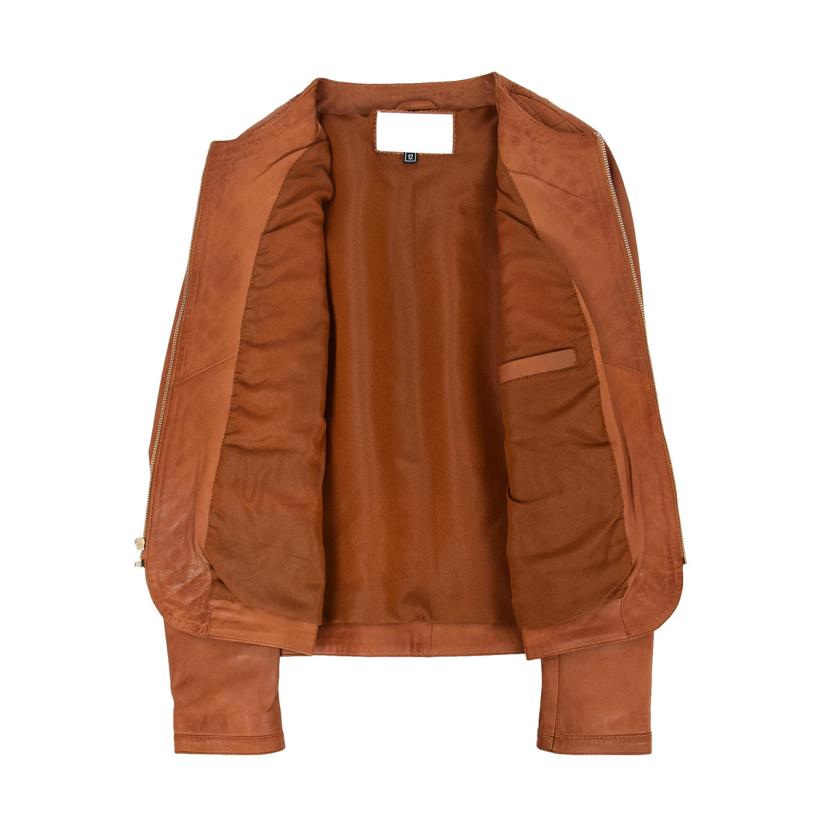 Womens Leather Collarless Jacket with Quilt Design Joan Tan - genuine leather jacket in tan with two outer pockets