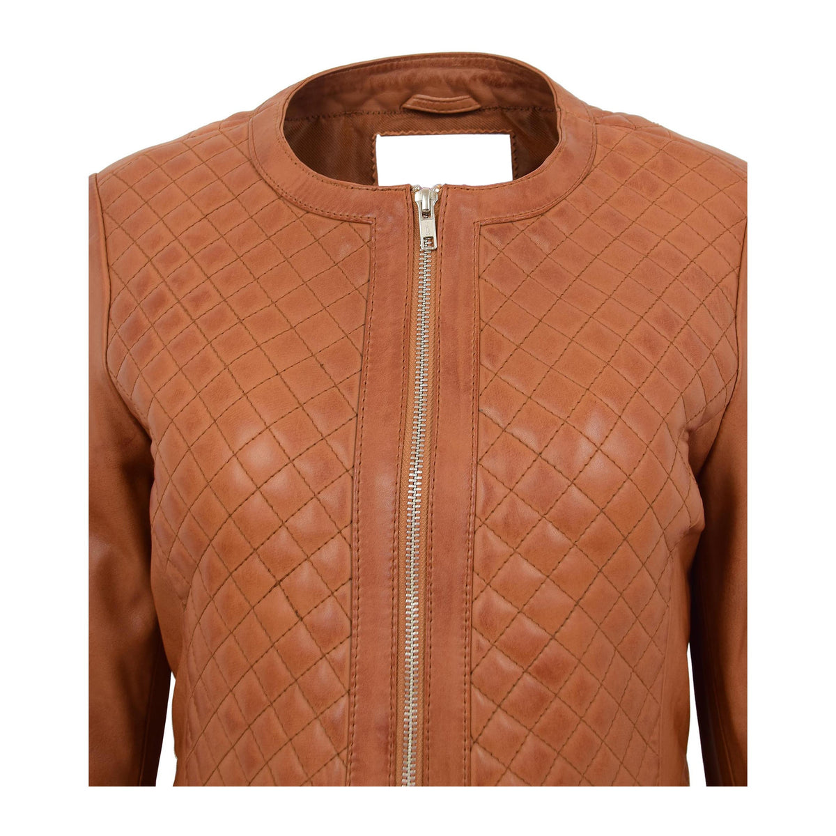 Womens Leather Collarless Jacket with Quilt Design Joan Tan - genuine leather jacket in tan with two outer pockets