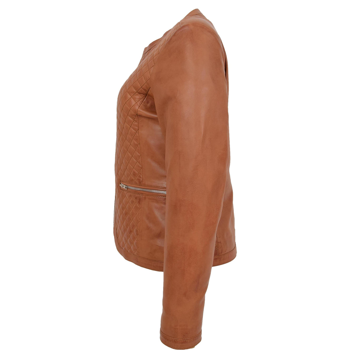 Womens Leather Collarless Jacket with Quilt Design Joan Tan - genuine leather jacket in tan with two outer pockets