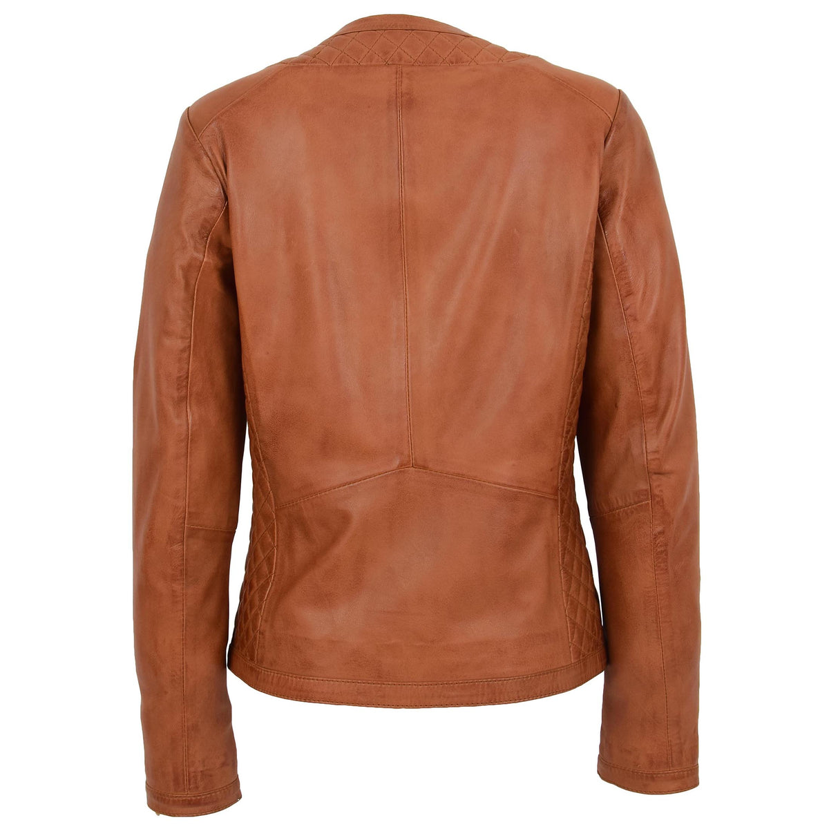 Womens Leather Collarless Jacket with Quilt Design Joan Tan - genuine leather jacket in tan with two outer pockets