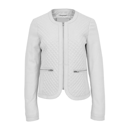 Womens Leather Collarless Jacket with Quilt Design Joan White - genuine leather jacket in white with two outer pockets
