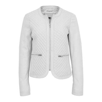Womens Leather Collarless Jacket with Quilt Design Joan White - genuine leather jacket in white with two outer pockets