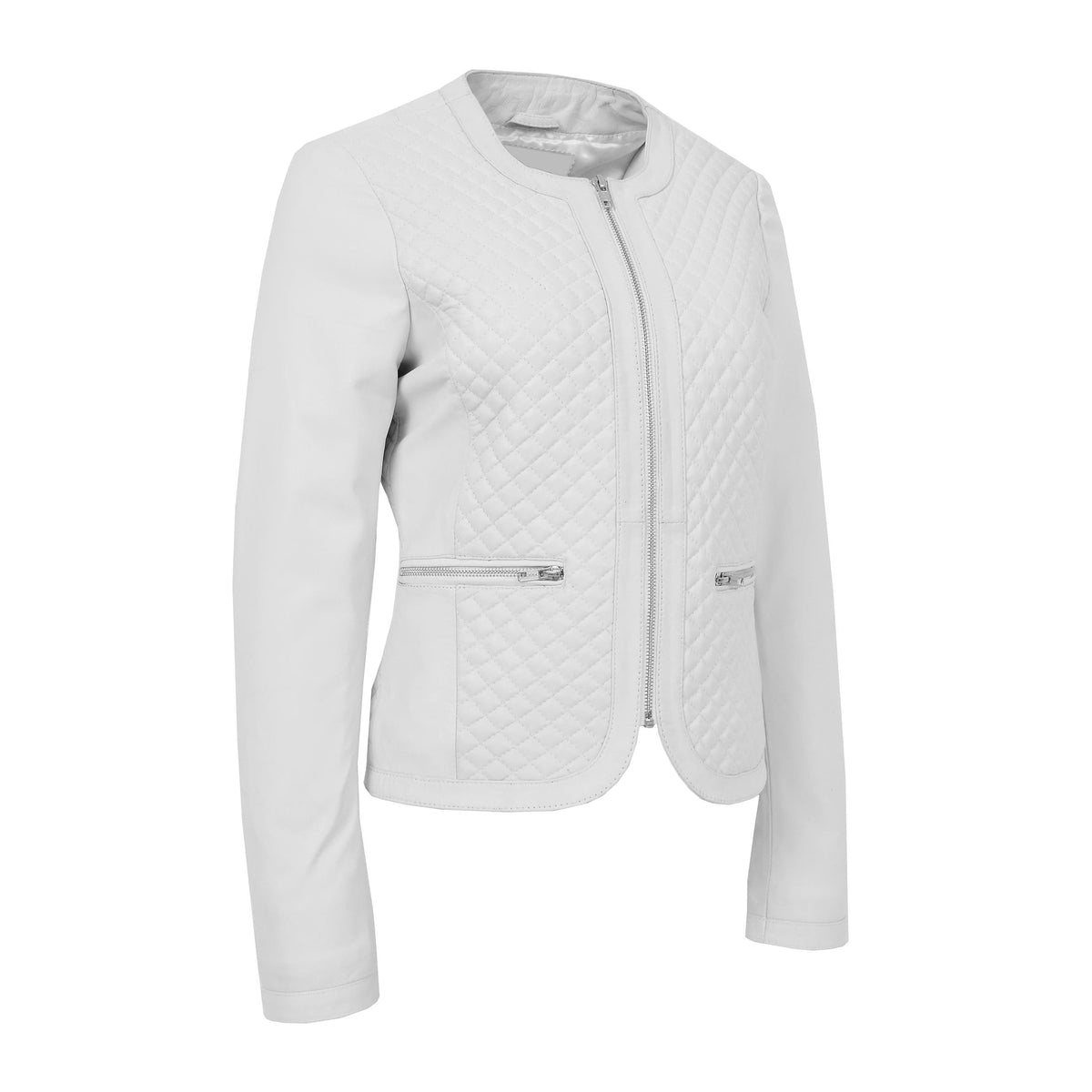 Womens Leather Collarless Jacket with Quilt Design Joan White - genuine leather jacket in white with two outer pockets