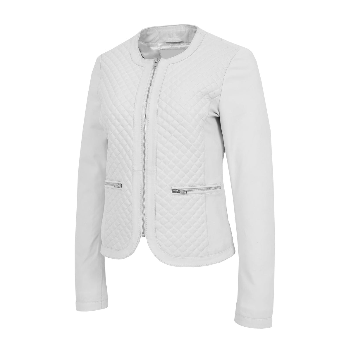 Womens Leather Collarless Jacket with Quilt Design Joan White - genuine leather jacket in white with two outer pockets