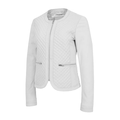 Womens Leather Collarless Jacket with Quilt Design Joan White - genuine leather jacket in white with two outer pockets