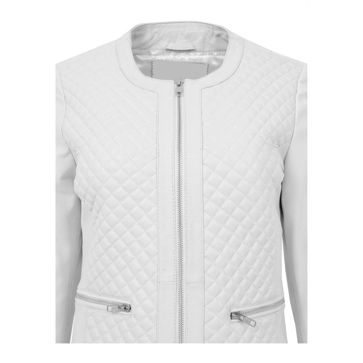 Womens Leather Collarless Jacket with Quilt Design Joan White - genuine leather jacket in white with two outer pockets