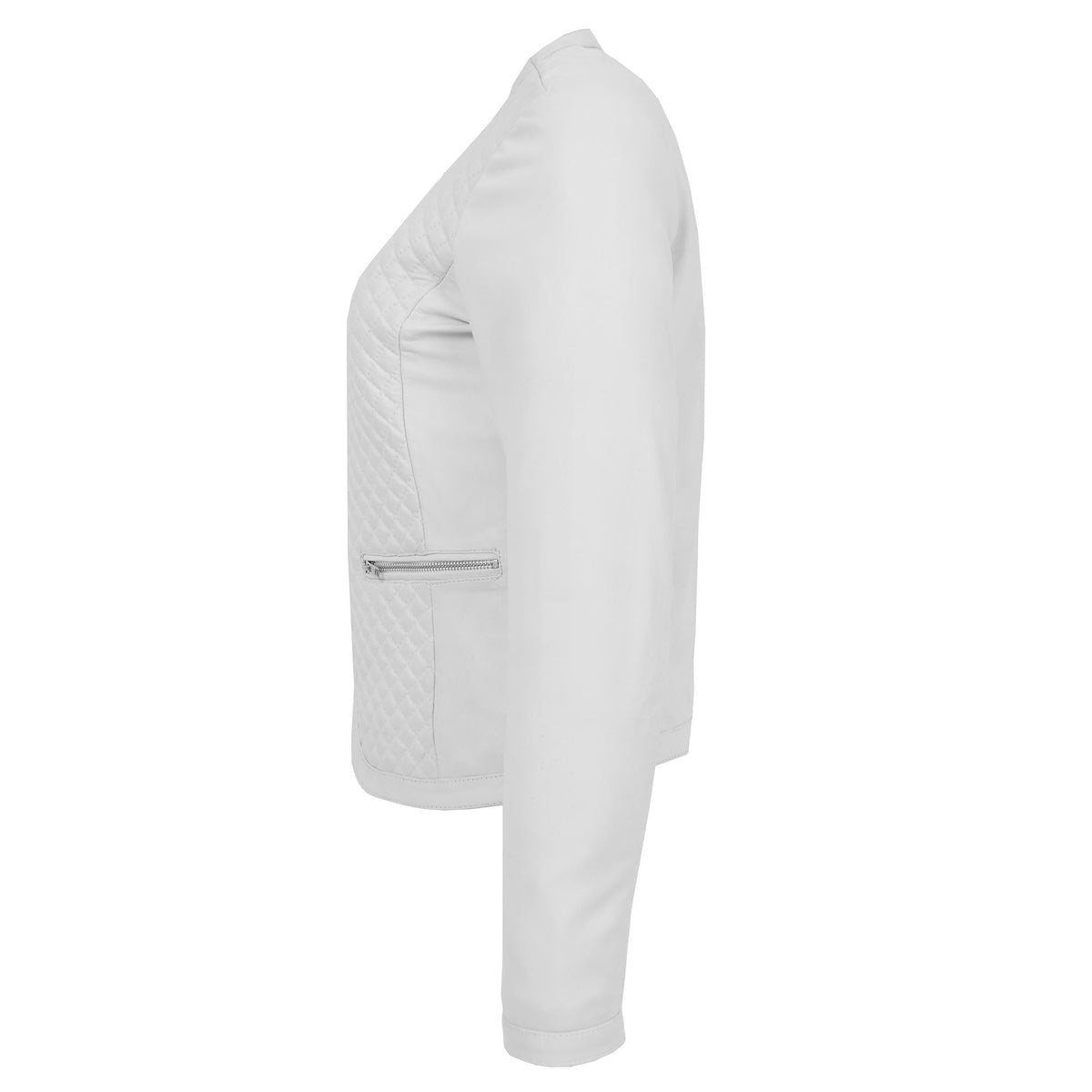 Womens Leather Collarless Jacket with Quilt Design Joan White - genuine leather jacket in white with two outer pockets