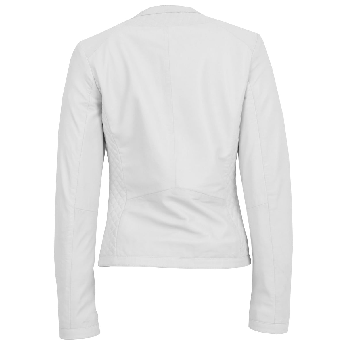 Womens Leather Collarless Jacket with Quilt Design Joan White - genuine leather jacket in white with two outer pockets