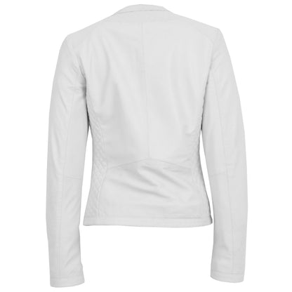 Womens Leather Collarless Jacket with Quilt Design Joan White - genuine leather jacket in white with two outer pockets