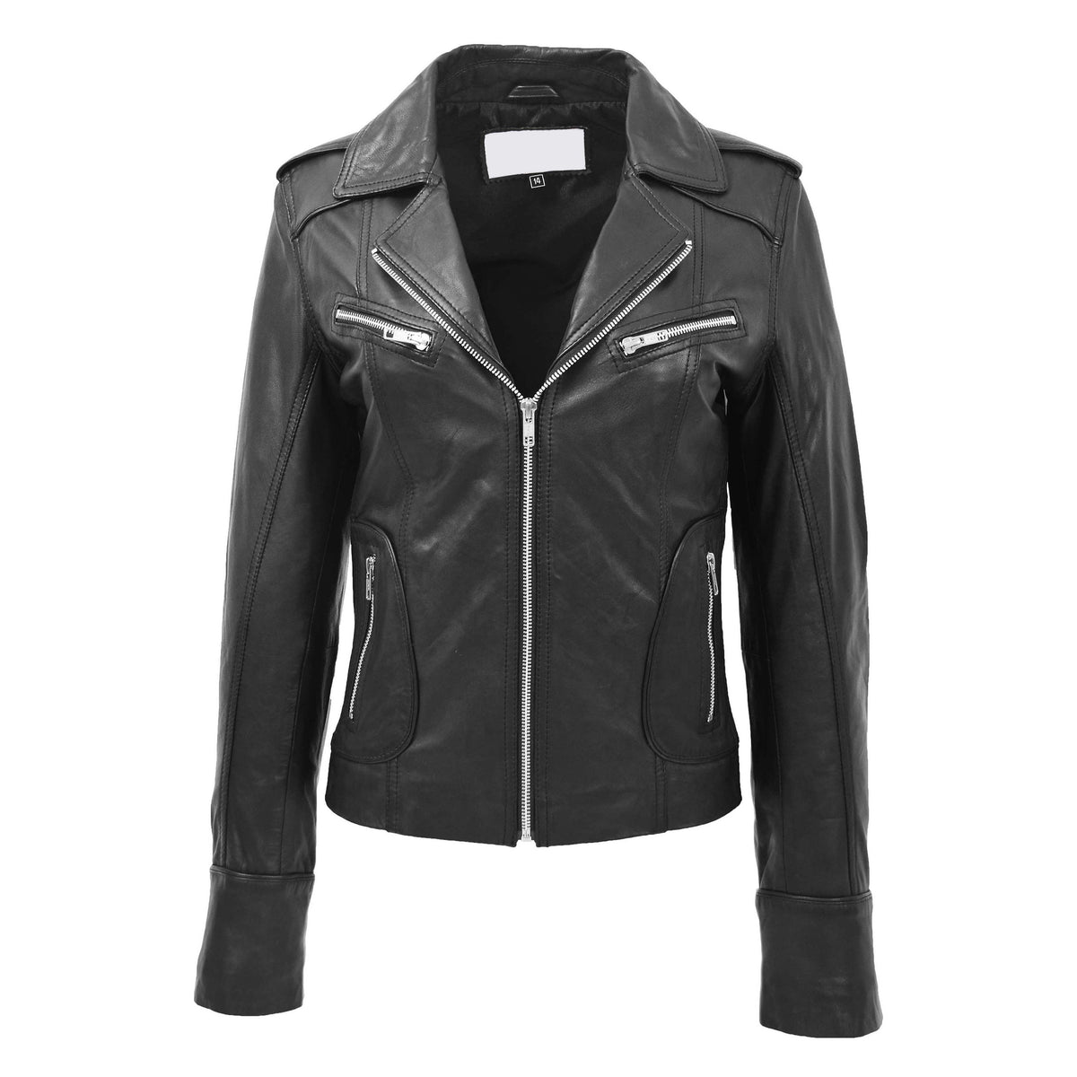 Womens Leather Fitted Biker Style Jacket Kim Black - genuine leather jacket in black with four outer pockets